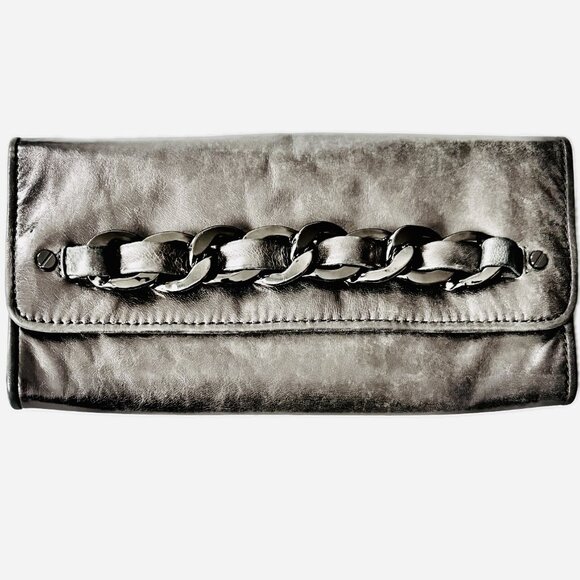 Michael Kors Leather Gray Silver Leather Clutch Gunmetal Hardware Vintage EC - Picture 1 of 7